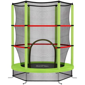 HOMCOM Saltea Elastică pentru Copii 3-6 Ani cu Plasă de Protecție, 6 Stâlpi și 3 Intrări, Ø140x190 cm, Verde | Aosom Romania
