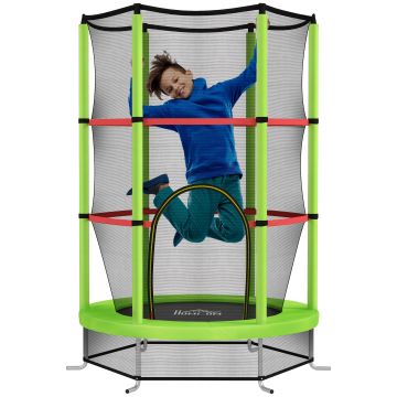 HOMCOM Saltea Elastică pentru Copii 3-6 Ani cu Plasă de Protecție, 6 Stâlpi și 3 Intrări, Ø140x190 cm, Verde | Aosom Romania