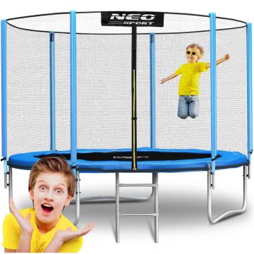 Trambulina de gradina pentru copii Neo-Sport Albastru 312cm 10FT cu Scara si Plasa exterioara , Stalpi metalici cu protectie din burete, Intrare cu fermoar si catarama, Covoras impermeabil flexibil