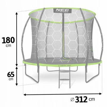 Trambulina de gradina pentru copii Neo-Sport Comb Verde 312cm 10FT,cu Scara si Plasa interioara, Stalpi metalici cu protectie din burete, Intrare cu fermoar si catarama, Covoras impermeabil flexibil