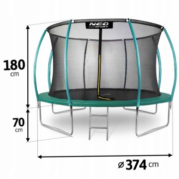 Trambulina de gradina pentru copii Neo-Sport Verde 374cm 12FT cu Scara si Plasa interioara, Stalpi metalici cu protectie din burete, Intrare cu fermoar si catarama, Covoras impermeabil flexibil