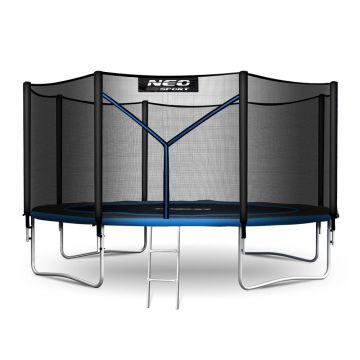 Trambulina de gradina pentru copii Neo-Sport Albastru 374cm 12FT cu Scara si Plasa interioara, Stalpi metalici cu protectie din burete, Intrare cu fermoar , Covoras impermeabil flexibil