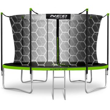 Trambulina de gradina pentru copii Neo-Sport Comb 404 cm 13FT,cu Scara si Plasa interioara, Stalpi metalici cu protectie din burete, Intrare cu fermoar si catarama, Covoras impermeabil flexibil