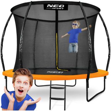 Trambulina de gradina pentru copii Neo-Sport Orange 312cm 10FT, Plasa interioara, Stalpi metalici cu protectie din burete, Intrare cu fermoar si catarama, Covoras impermeabil flexibil